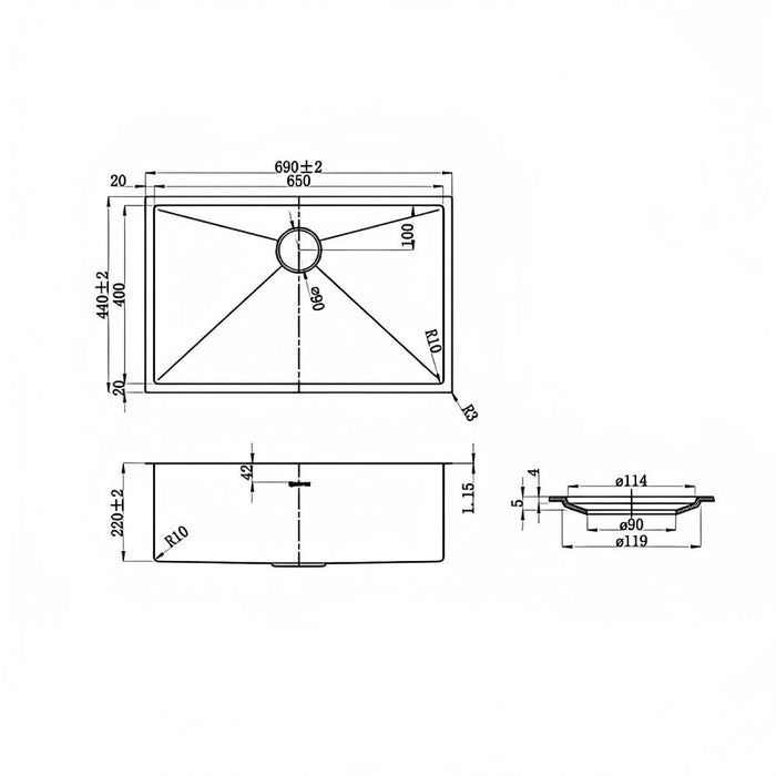 690*440*220mm Inspire AXON Brushed Stainless Steel Single Bowl Top/Under Mount Kitchen Sink