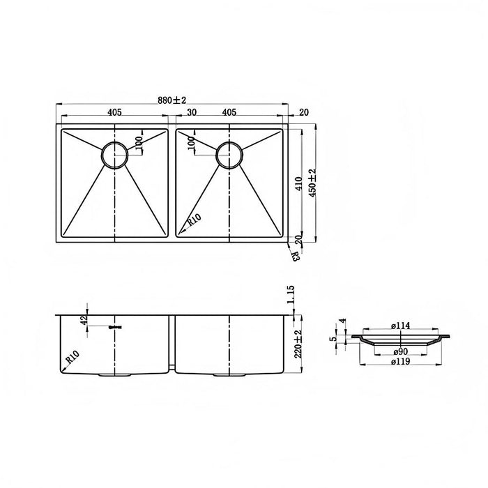 880*450*220mm Inspire ARTE Brushed Stainless Steel Double Bowl Top/Under Mount Kitchen Sink