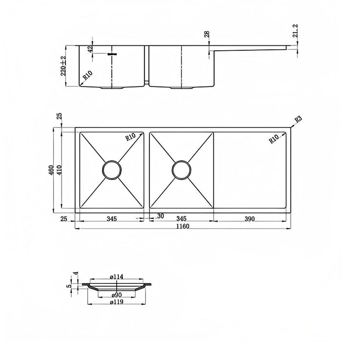 1160*460*220mm Inspire ZUE Brushed Stainless Steel Double Bowl Top/Under Mount Kitchen Sink