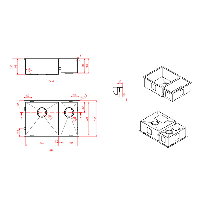 670*440*200/180*1.2mm MN Round Corners One And Half Bowl Stainless Steel Sink With Round Waste 14L + 31L