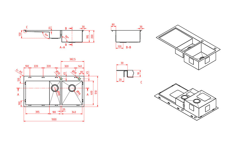 1000*510*200 and 130*1.2mm MN Square Corners One and Quarter Bowl Sink Round Waste 7L and 26L Sink
