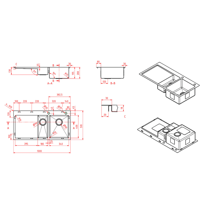 1000*510*200/130*1.2mm MN Round Corners One And Quarter Bowl Stainless Steel Sink With Round Waste 7L + 26L