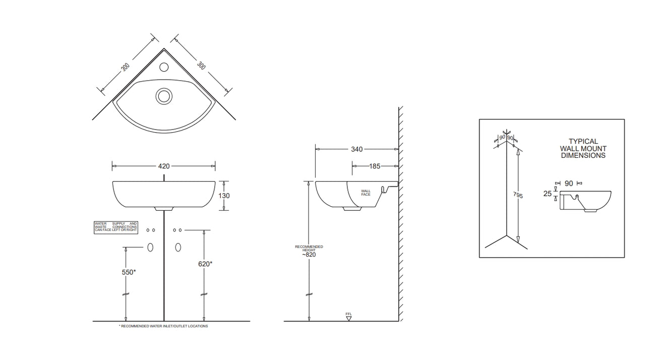 300*300*130mm Milano Ceramic 1 Taphole Corner Wall Basin With Waste