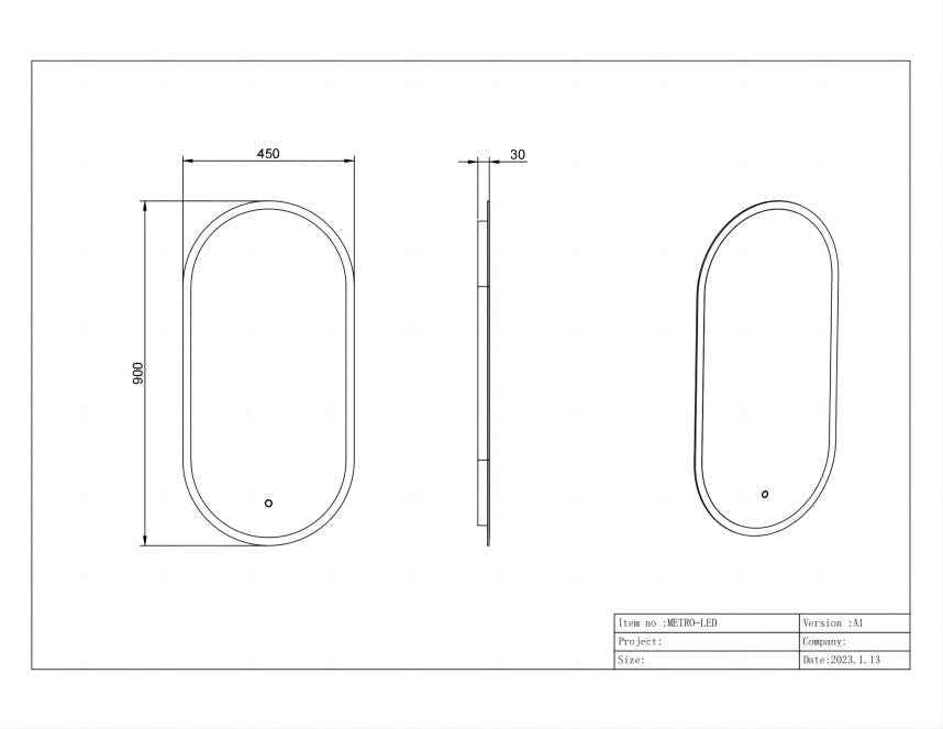 450*900*30mm Infinity Frameless/Black/Gold Glass Oval Dimmable Colour Pencil Edge LED Mirror