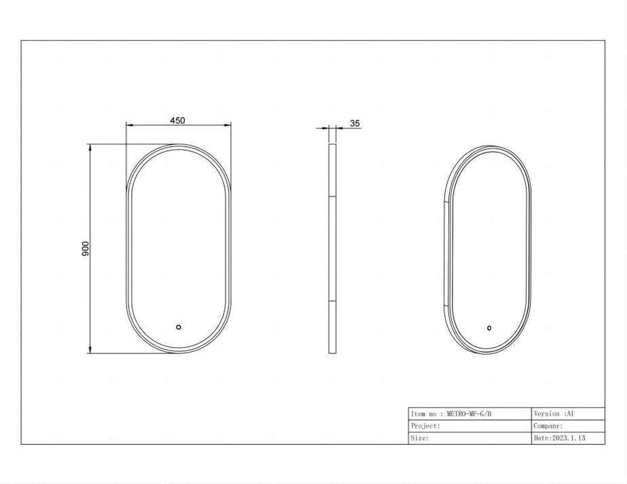 450*900*30mm Infinity Frameless/Black/Gold Glass Oval Dimmable Colour Pencil Edge LED Mirror