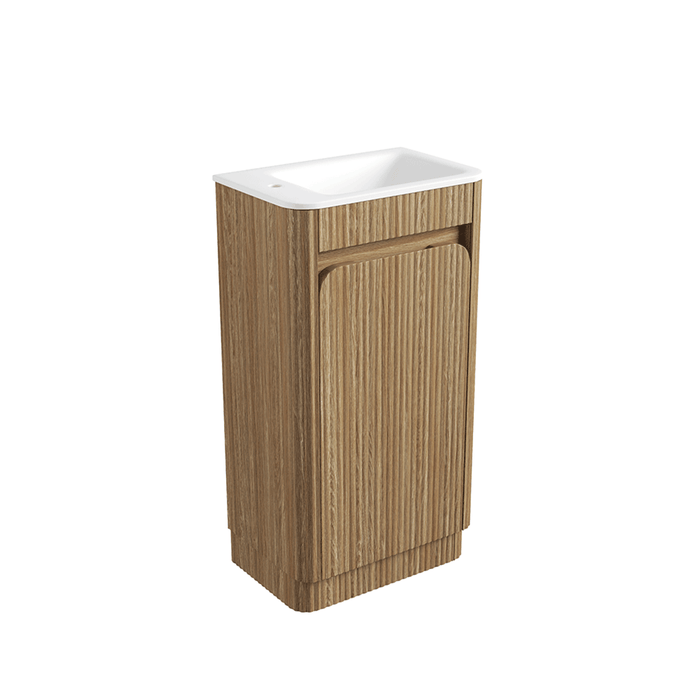 450*300*840mm Aulic Hartelle Harvest Oak Plywood Fluted Curved Mini Freestanding Vanity