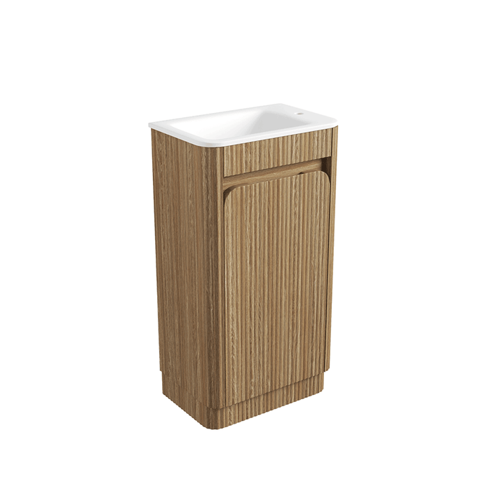 450*300*840mm Aulic Hartelle Harvest Oak Plywood Fluted Curved Mini Freestanding Vanity