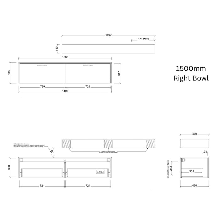 TIMBERLINE MILAN CUSTOM WALL HUNG VANITY (ALL SIZING)