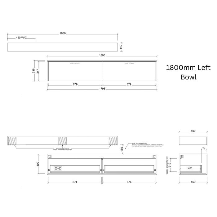 TIMBERLINE MILAN CUSTOM WALL HUNG VANITY (ALL SIZING)