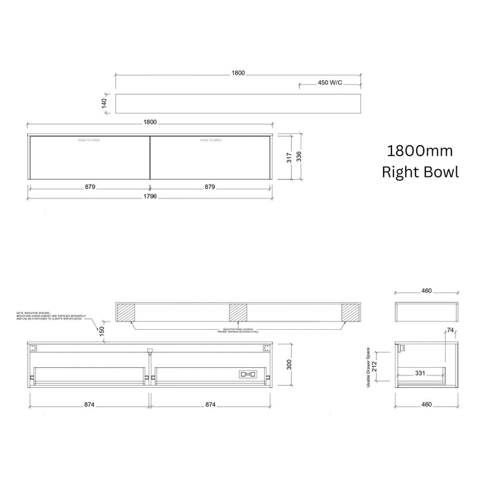 TIMBERLINE MILAN CUSTOM WALL HUNG VANITY (ALL SIZING)