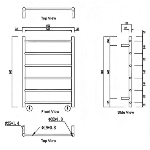 600*800mm Modernnational Mirage 6 Round Bar Champagne Stainless Steel Heated Towel Rail (Copy)