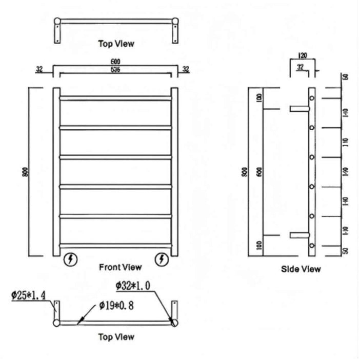 600*800mm Modernnational Mirage 6 Round Bar Champagne Stainless Steel Heated Towel Rail (Copy)