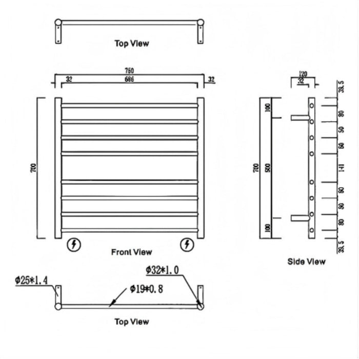 750*700mm Modernnational Mirage 8 Round Bar Champagne Stainless Steel Wide Heated Towel Rail