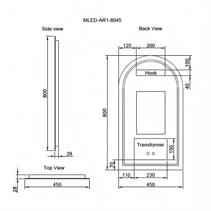 800*450/900*600mm AR1 Arch Frameless Three Color Lights Backlit  LED Bathroom Mirror