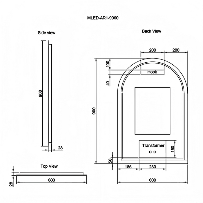 800*450/900*600mm AR1 Arch Frameless Three Color Lights Backlit  LED Bathroom Mirror