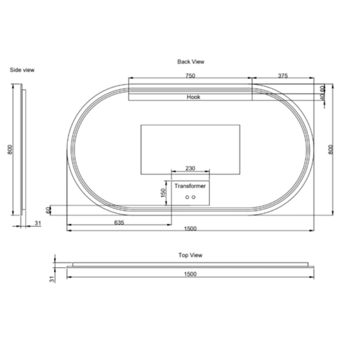 900/1200/1500mm ABS Gold/Black/Brushed Nickel Framed Three Colors O1 Oval with Defog and Dimmer LED Mirror