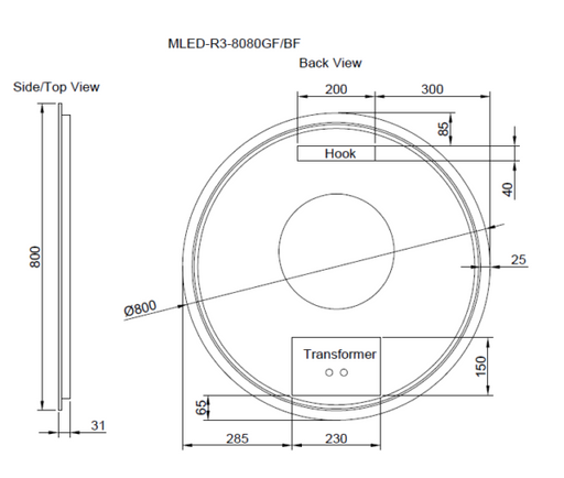 600/800mm ABS Gold/Black/Brushed Nickel Framed R3 Round With Easy Hooks and Dimmer LED Mirror - HD reno