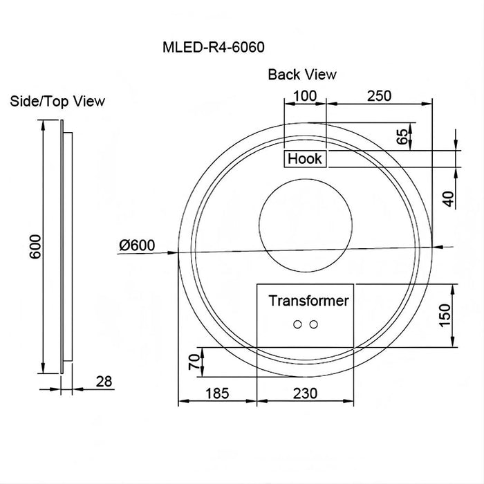 600-800mm ABS R4 Round Frameless Three Color Lights Backlit  LED Bathroom Mirror