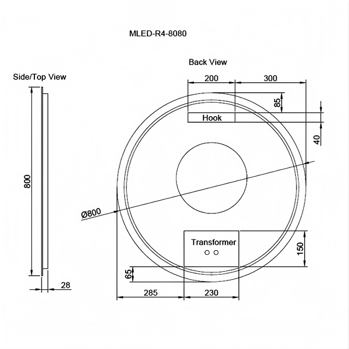 600-800mm ABS R4 Round Frameless Three Color Lights Backlit  LED Bathroom Mirror