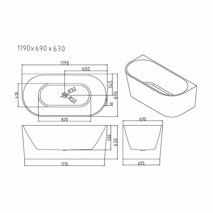 1200/1400/1500/1700mm Mercio Musen Gloss White Oval Ultra-Thin Back To Wall Bathtub