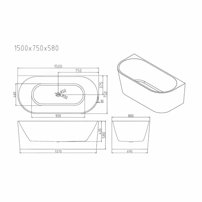 1200/1400/1500/1700mm Mercio Musen Gloss White Oval Ultra-Thin Back To Wall Bathtub