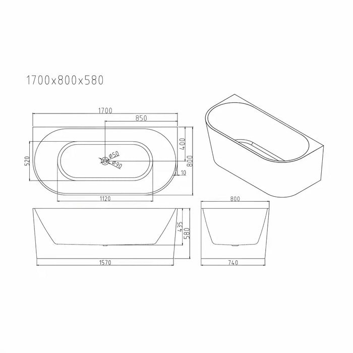 1200/1400/1500/1700mm Mercio Musen Gloss White Oval Ultra-Thin Back To Wall Bathtub