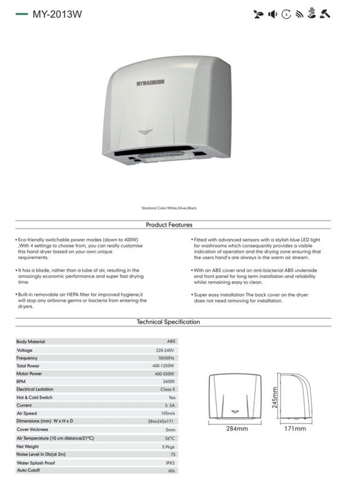 ABS Automatic Hand Dryer White Save Energy Commercial for Bathroom