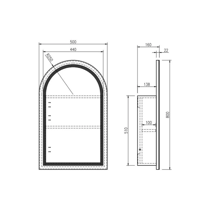 500*900*4mm Mercio Athena Matt White PVC Copper-free Glass Arch Single Door LED Shaving Cabinet