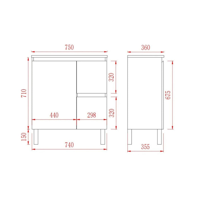 600/750/900*360*860mm Poseidon Nordic Slim White PVC Bathroom Freestanding Vanity