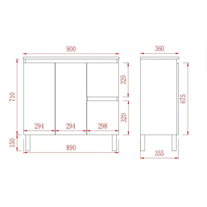600/750/900*360*860mm Poseidon Nordic Slim White PVC Bathroom Freestanding Vanity