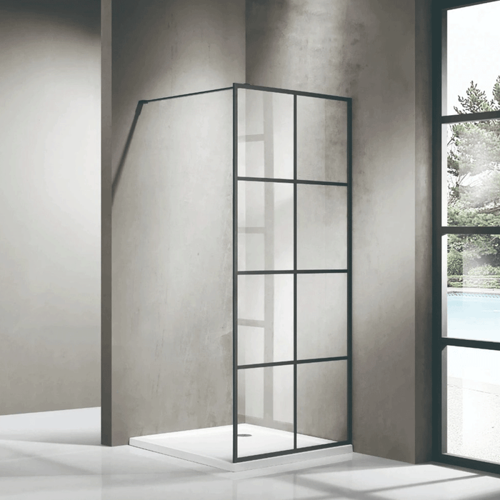 900/1000mm 6mm Glass Covey Matt Black Printed Grills Framed Walk-in Single Panel Shower Screen With Support Bar - 2000mm Height