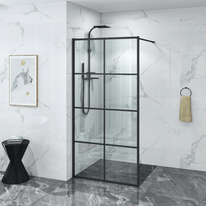 900/1000mm 6mm Glass Covey Matt Black Printed Grills Framed Walk-in Single Panel Shower Screen With Support Bar - 2000mm Height