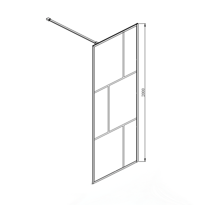 1000/1100mm 6mm Glass Covey Matt Black Printed Grills Framed Walk-in Single Panel Shower Screen With Support Bar - 2000mm Height