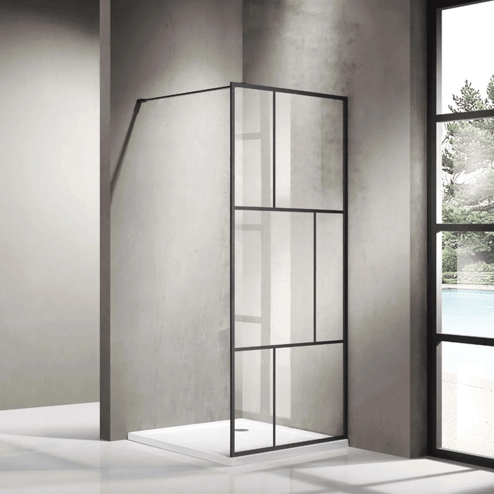 1000/1100mm 6mm Glass Covey Matt Black Printed Grills Framed Walk-in Single Panel Shower Screen With Support Bar - 2000mm Height