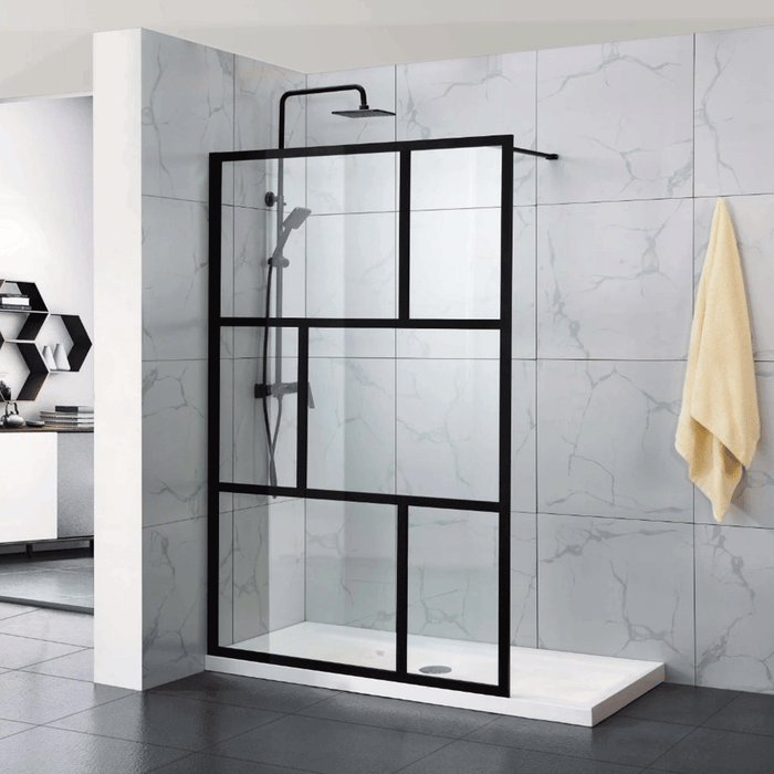 1000/1100mm 6mm Glass Covey Matt Black Printed Grills Framed Walk-in Single Panel Shower Screen With Support Bar - 2000mm Height