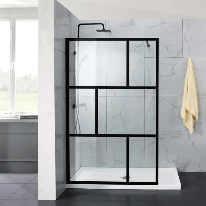 1000/1100mm 6mm Glass Covey Matt Black Printed Grills Framed Walk-in Single Panel Shower Screen With Support Bar - 2000mm Height