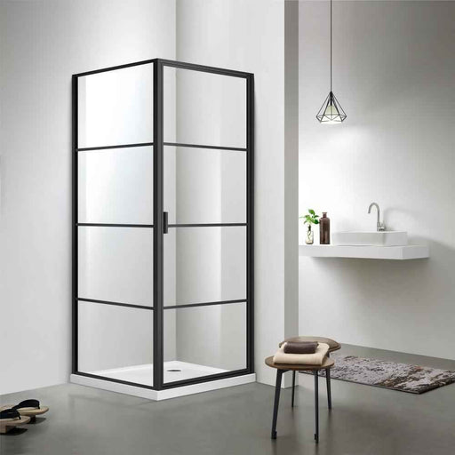 900/1000x2000mm 6mm Glass L Shape Pivot Grid Door with Fixed Return Panel Black Framed Shower Screens