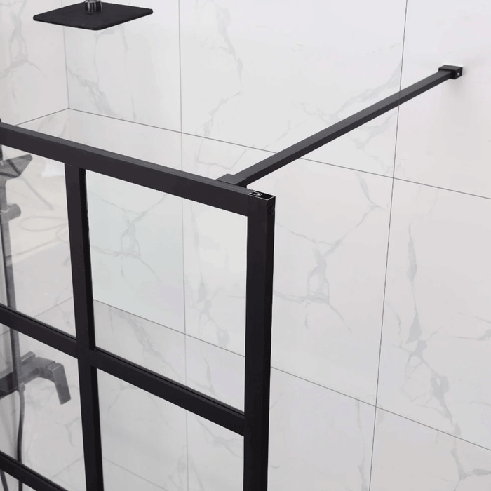 1200mm 6mm Glass Covey Matt Black Printing Grills Framed Walk-in Single Panel Shower Screen With Support Bar - 2000mm Height