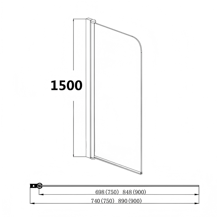 750/900mm 6mm Glass Covey Frameless Single Swing Panel Over Bathtub Shower Screens - 1500mm Height