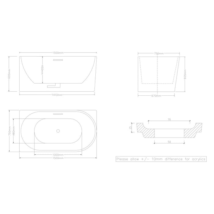 1700*800*600mm/1500*750*600mm White Acrylic Corner Back to Wall Bathtub With Overflow