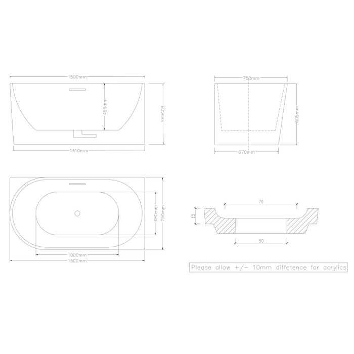 1700*800*600mm/1500*750*600mm White Acrylic Corner Back to Wall Bathtub With Overflow