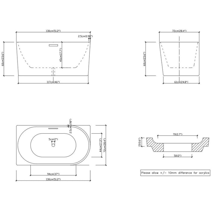 1300/1400*720*600mm Nerida Series Gloss White Corner Bathtub With Overflow