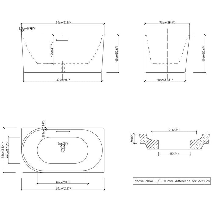 1300/1400*720*600mm Nerida Series Gloss White Corner Bathtub With Overflow
