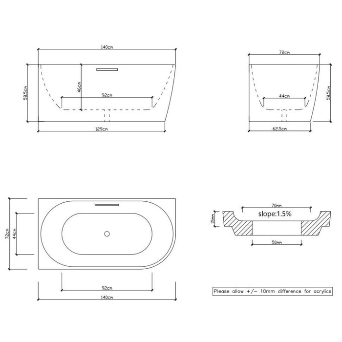 1300/1400*720*600mm Nerida Series Gloss White Corner Bathtub With Overflow