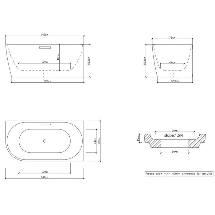 1300/1400*720*600mm Nerida Series Gloss White Corner Bathtub With Overflow