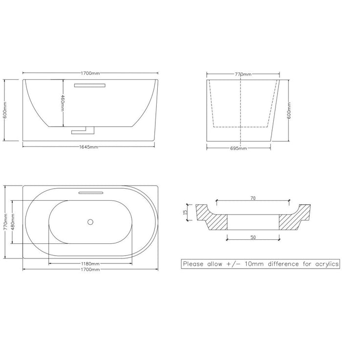 1700*800*600mm/1500*750*600mm White Acrylic Corner Back to Wall Bathtub With Overflow
