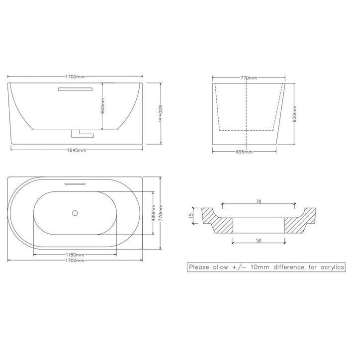1700*800*600mm/1500*750*600mm White Acrylic Corner Back to Wall Bathtub With Overflow