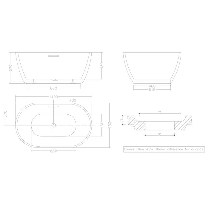 1690/1530/1400mm NOAH Egg Shape White Acrylic Freestanding Bathtub