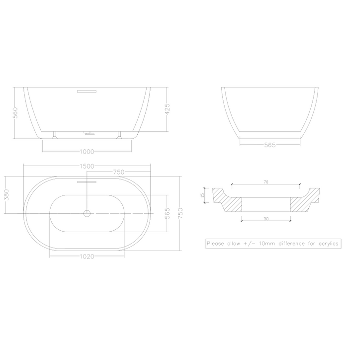 1690/1530/1400mm NOAH Egg Shape White Acrylic Freestanding Bathtub