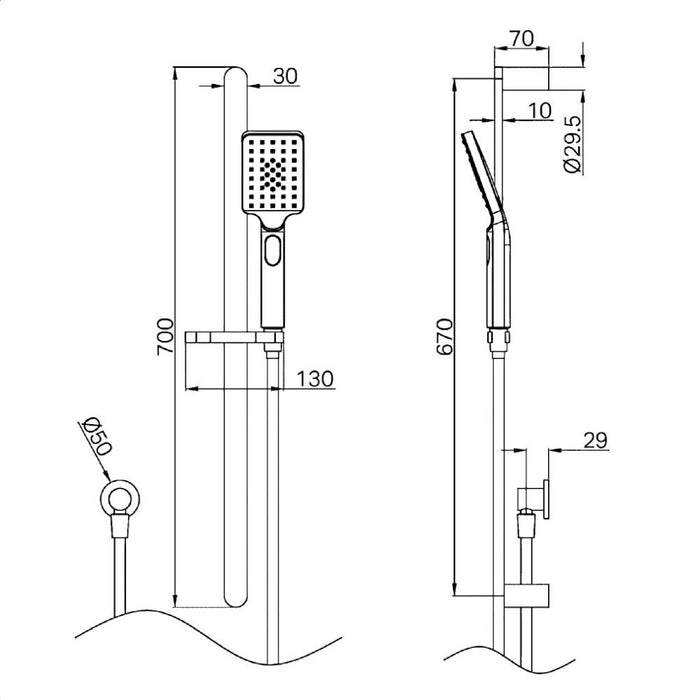 700mm Nero Bianca Square Brass 3 Function Handset Rail Shower